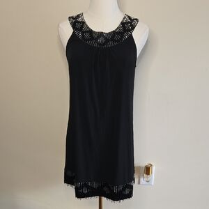Express Black Beaded Shift Dress Embellished Scoop Neckline Tassel Hem Y2k